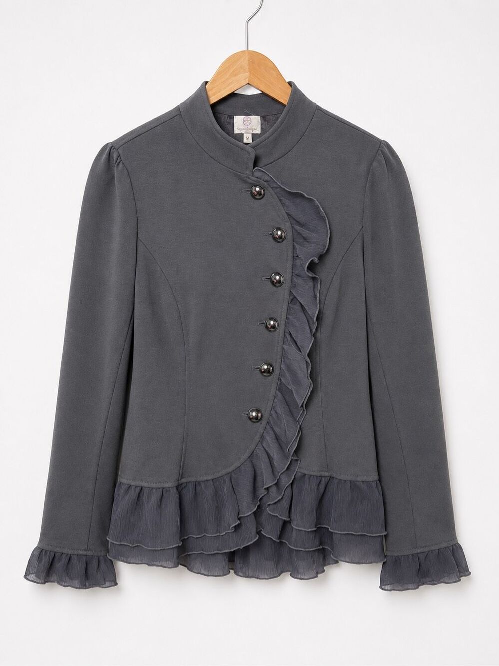 Hot in Hollywood Gray Ruffle Military Jacket Blazer Women’s M Victorian Regency